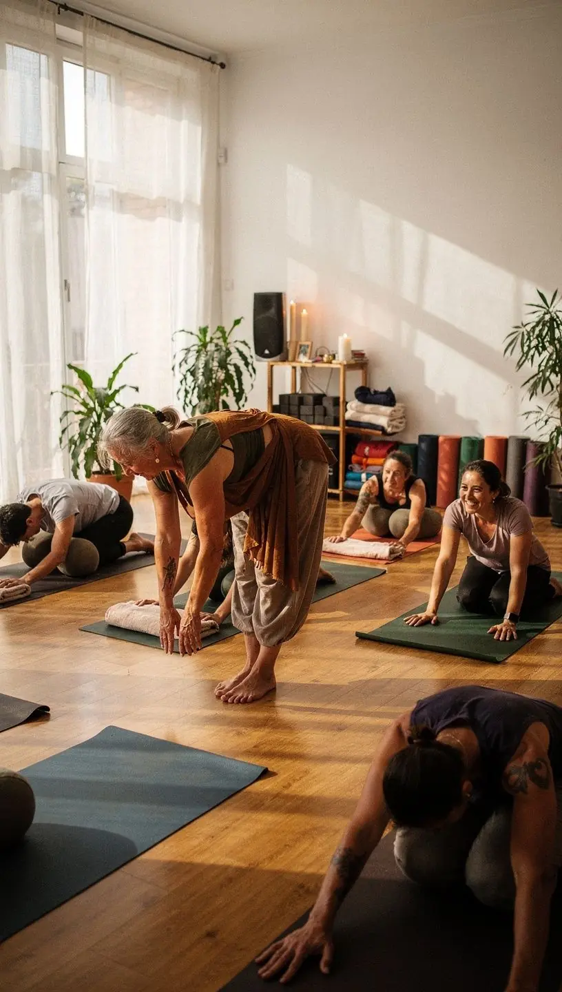 Instructor de yoga guiando una clase, mostrando cómo respirar profundamente y estar presente en el momento.