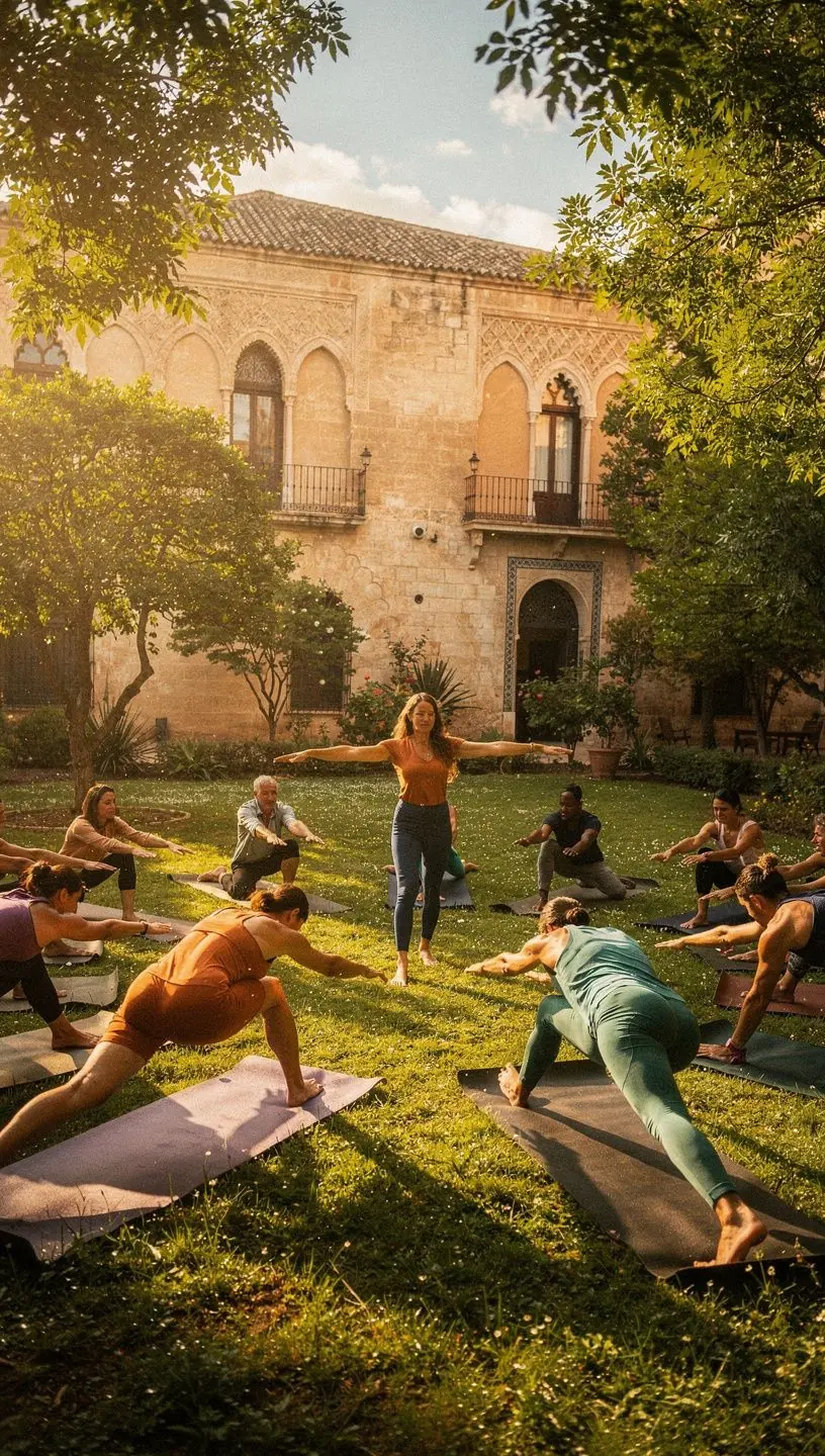 Grupo de personas realizando ejercicios de yoga en un estudio luminoso, enfatizando el movimiento consciente.